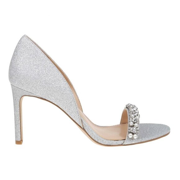 Jewel Badgley Mischka Silvertone Glitter Crystal Pearl Dayana Open Toe Pumps 8.5 - Picture 1 of 7